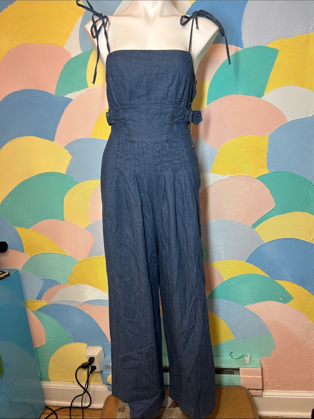 NWT Free People Women's Dark Blue Denim Tie-Shoulder Jumpsuit sz 4